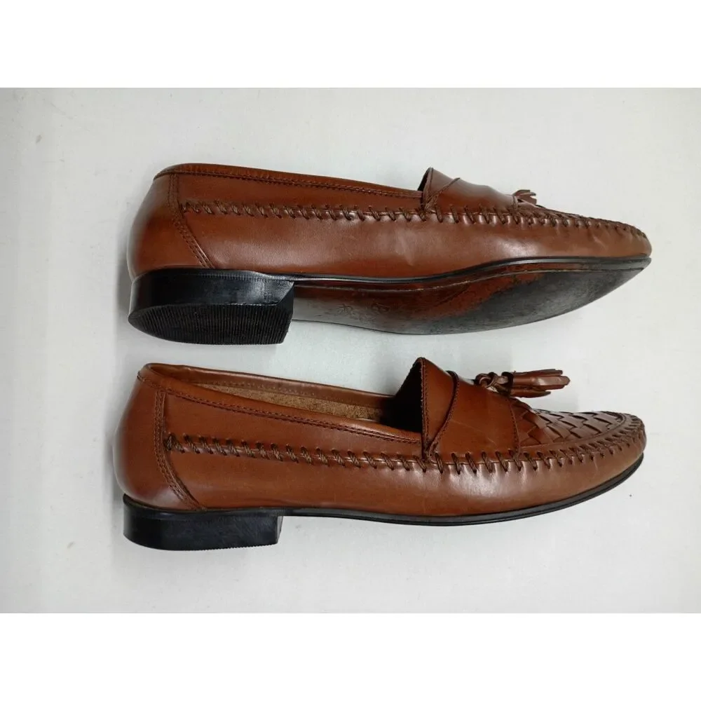G.H. Bass & Co Leather Loafers Brown Men's 9M Tasseled Slip-on Blocky Heel Shoes